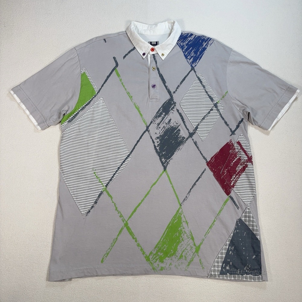 Adolfo Dominguez Polo Shirt Men's 2XL Gray Patchwork Abstract Cotton Button Down